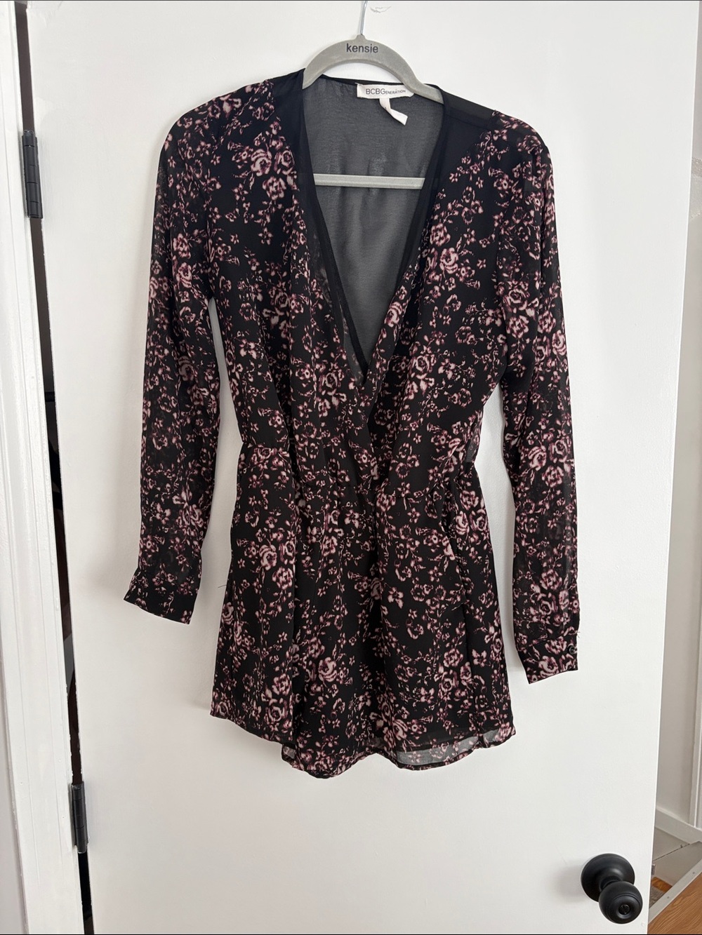 BCBG Black Floral Wrap Romper with Pink Rose Print